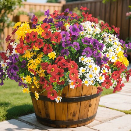 Close-up of 16 bundles of AITISOR artificial daisies in mixed colors, arranged in a window box.