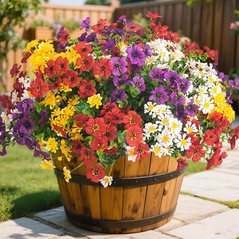 Close-up of 16 bundles of AITISOR artificial daisies in mixed colors, arranged in a window box.