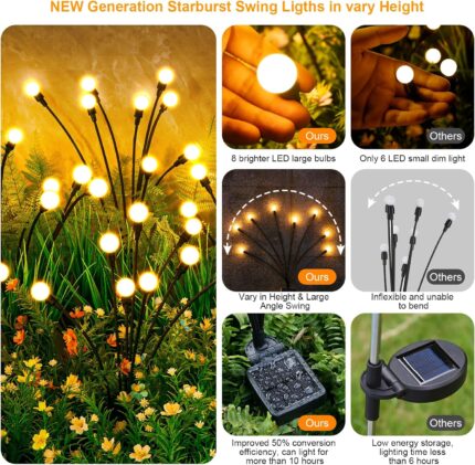 A cluster of ASMAD 6-pack solar firefly garden lights swaying gently in a landscaped garden at dusk.