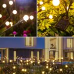 A cluster of ASMAD 6-pack solar firefly garden lights swaying gently in a landscaped garden at dusk.