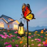A white metal butterfly garden stake with a colorful monarch butterfly and a warm glowing solar light on its antennae, placed