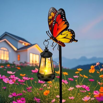 A white metal butterfly garden stake with a colorful monarch butterfly and a warm glowing solar light on its antennae, placed