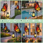 A white metal butterfly garden stake with a colorful monarch butterfly and a warm glowing solar light on its antennae, placed