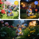 A colorful solar-powered turtle statue wearing a cowboy hat and holding a butterfly, glowing with 8 LED lights in a garden se
