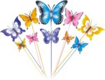 A set of 10 colorful metal butterfly garden stakes with intricate details, standing in a lush green garden bed.