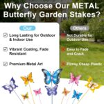 A set of 10 colorful metal butterfly garden stakes with intricate details, standing in a lush green garden bed.