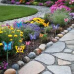 A set of 10 colorful metal butterfly garden stakes with intricate details, standing in a lush green garden bed.