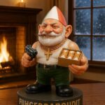 An 11-inch hand-painted resin gnome figurine named Vito CorleGnome, with an Italian-themed hat and mustache, holding a small 