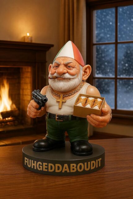 An 11-inch hand-painted resin gnome figurine named Vito CorleGnome, with an Italian-themed hat and mustache, holding a small
