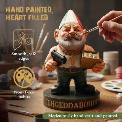 An 11-inch hand-painted resin gnome figurine named Vito CorleGnome, with an Italian-themed hat and mustache, holding a small