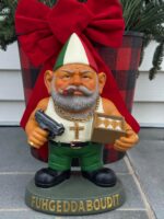 An 11-inch hand-painted resin gnome figurine named Vito CorleGnome, with an Italian-themed hat and mustache, holding a small