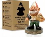 An 11-inch hand-painted resin gnome figurine named Vito CorleGnome, with an Italian-themed hat and mustache, holding a small