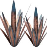 Two colorful Jesokiibo metal agave sculptures, 12 and 16 inches tall, displayed in a vibrant garden setting.