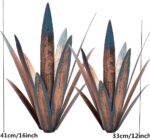 Two colorful Jesokiibo metal agave sculptures, 12 and 16 inches tall, displayed in a vibrant garden setting.