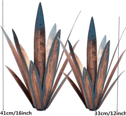 Two colorful Jesokiibo metal agave sculptures, 12 and 16 inches tall, displayed in a vibrant garden setting.