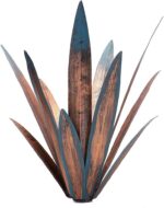 Two colorful Jesokiibo metal agave sculptures, 12 and 16 inches tall, displayed in a vibrant garden setting.