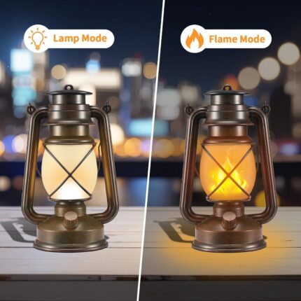 Two Marlrin vintage bronze LED lanterns with dancing flames, one hanging and one on a table, in an outdoor setting.