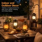 Two Marlrin vintage bronze LED lanterns with dancing flames, one hanging and one on a table, in an outdoor setting.