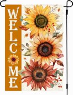 A vibrant orange sunflower garden flag from RABUSOFA, featuring a double-sided design for fall outdoor decoration.