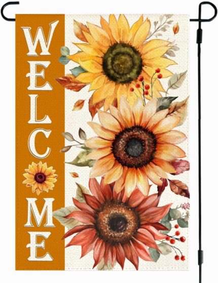 A vibrant orange sunflower garden flag from RABUSOFA, featuring a double-sided design for fall outdoor decoration.