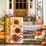 A vibrant orange sunflower garden flag from RABUSOFA, featuring a double-sided design for fall outdoor decoration.