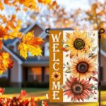 A vibrant orange sunflower garden flag from RABUSOFA, featuring a double-sided design for fall outdoor decoration.