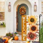 A vibrant orange sunflower garden flag from RABUSOFA, featuring a double-sided design for fall outdoor decoration.