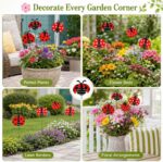 A cluster of 30 red and black 3D ladybug garden stakes, 25cm tall, inserted into green foliage and a potted plant.