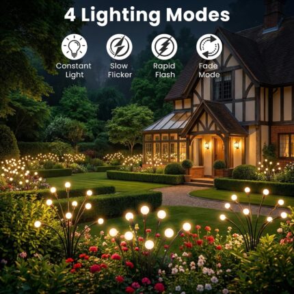 Four black solar lights with large, glowing LED bulbs swaying gently in a garden at dusk, resembling fireflies.