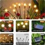 Four black solar lights with large, glowing LED bulbs swaying gently in a garden at dusk, resembling fireflies.