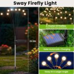 Four black solar lights with large, glowing LED bulbs swaying gently in a garden at dusk, resembling fireflies.