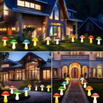 Eight colorful cracked mushroom solar lights staked in a garden bed, glowing with various LED colors.