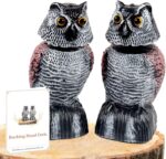 Two WonderField 8.3-inch brown bobblehead owl decoys with yellow eyes, positioned outdoors in a garden setting.